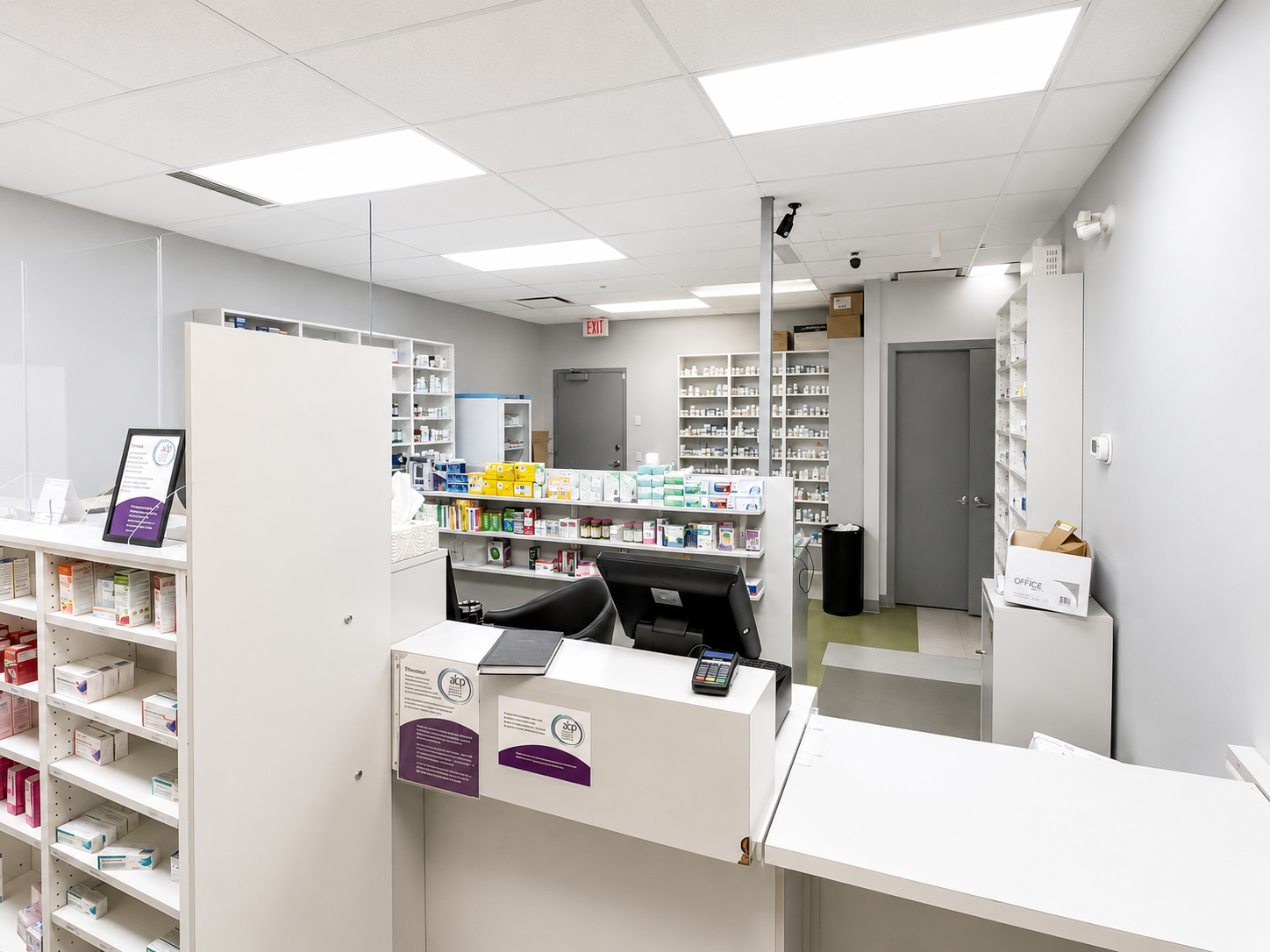 Pharmacy counter and shelves